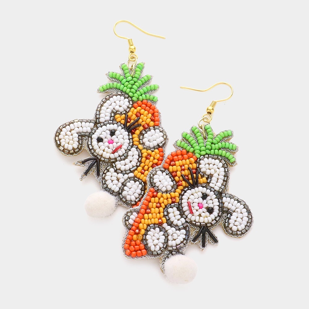 Felt Back Seed Beaded Easter Carrot Bunny Pom Pom Tail Dangle Earrings